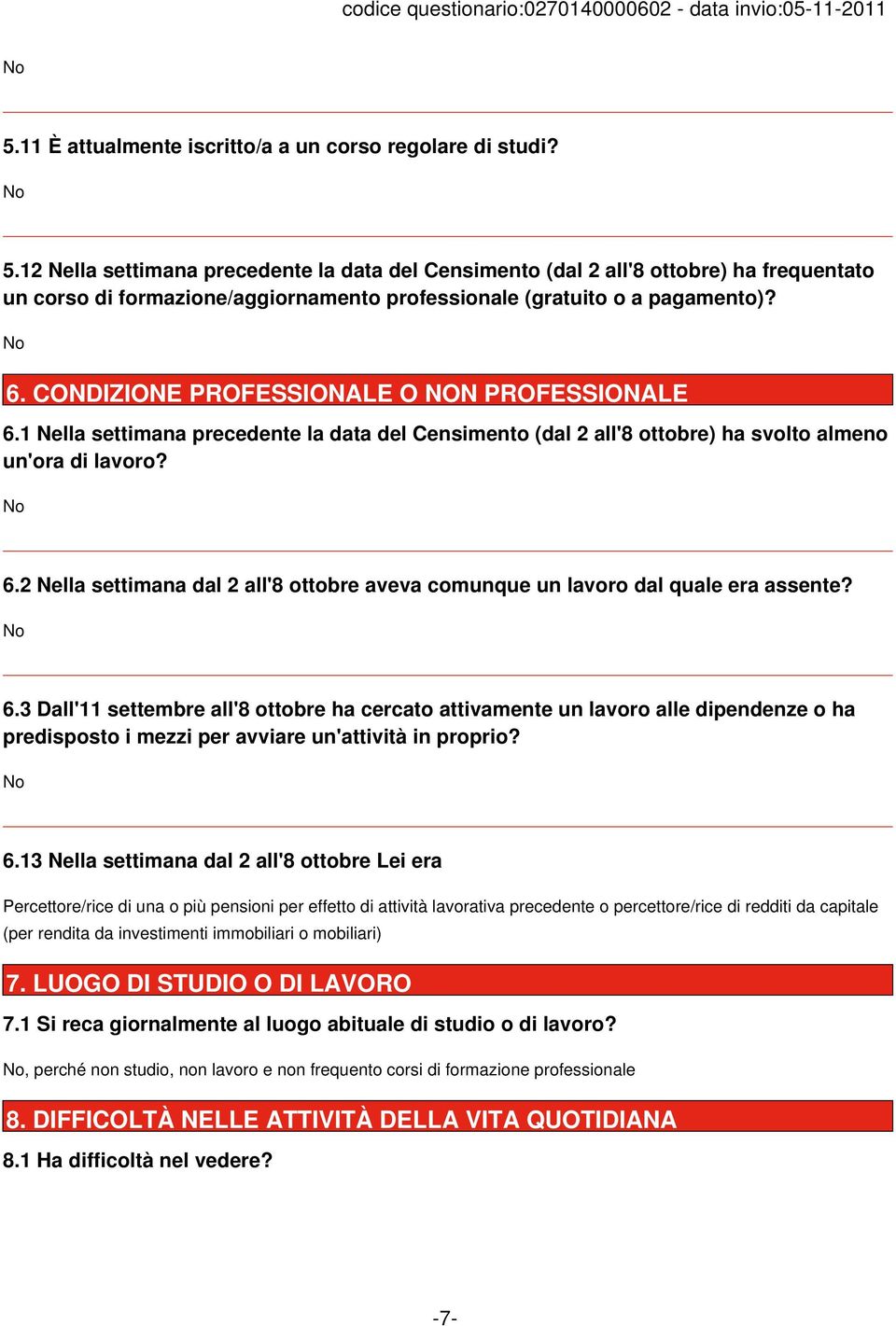 CONDIZIONE PROFESSIONALE O NON PROFESSIONALE 6.1 Nella settimana precedente la data del Censimento (dal 2 all'8 ottobre) ha svolto almeno un'ora di lavoro? 6.2 Nella settimana dal 2 all'8 ottobre aveva comunque un lavoro dal quale era assente?