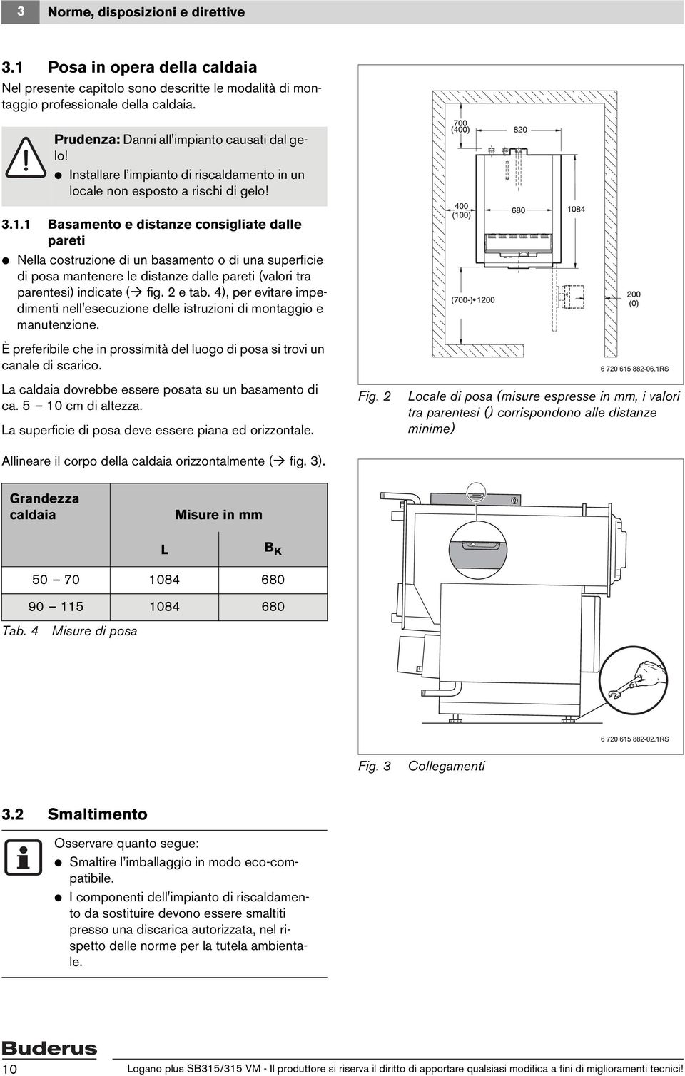 1 Basamento e distanze consigliate dalle pareti V Nella costruzione di un basamento o di una superficie di posa mantenere le distanze dalle pareti (valori tra parentesi) indicate ( fig. 2 e tab.