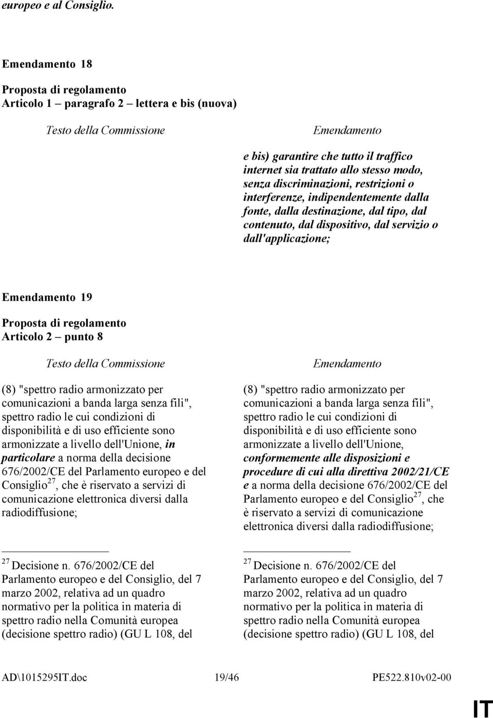 dalla fonte, dalla destinazione, dal tipo, dal contenuto, dal dispositivo, dal servizio o dall'applicazione; 19 Articolo 2 punto 8 (8) "spettro radio armonizzato per comunicazioni a banda larga senza