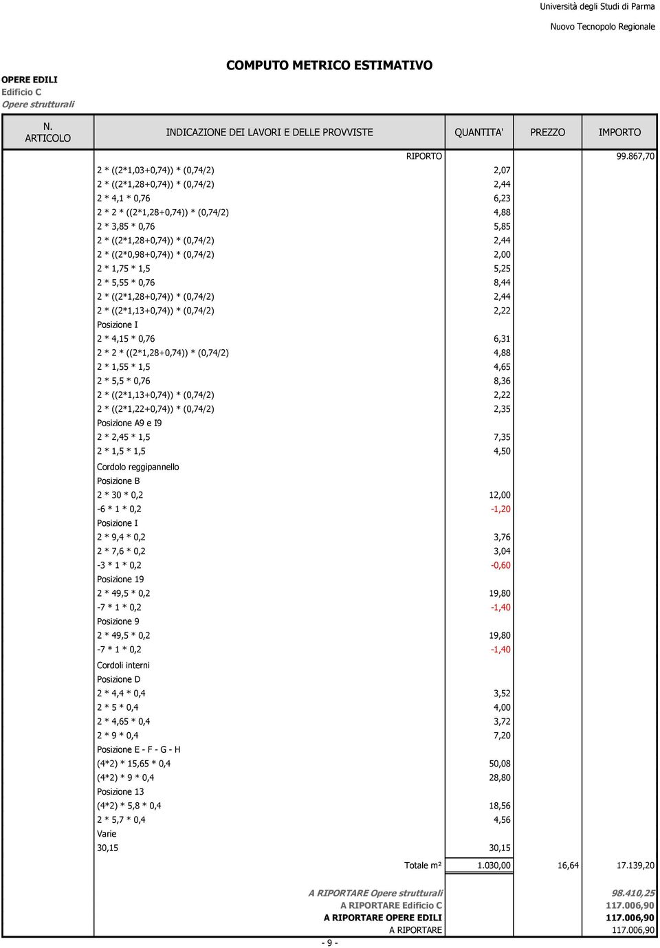 ((2*0,98+0,74)) * (0,74/2) 2 *,75 *,5 5,25 2 * 5,55 * 0,76 8,44 2 * ((2*,28+0,74)) * (0,74/2) 2,44 2 * ((2*,3+0,74)) * (0,74/2) 2,22 Posizione I 2 * 4,5 * 0,76 6,3 2 * 2 * ((2*,28+0,74)) * (0,74/2)