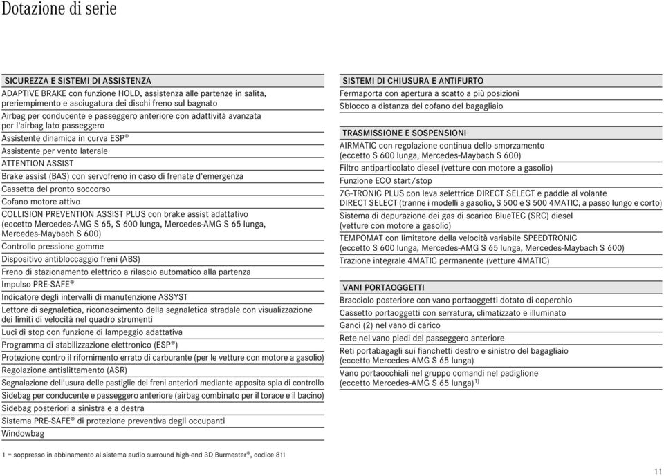 servofreno in caso di frenate d'emergenza Cassetta del pronto soccorso Cofano motore attivo COLLISION PREVENTION ASSIST PLUS con brake assist adattativo (eccetto Mercedes-AMG S 65, S 6 lunga,