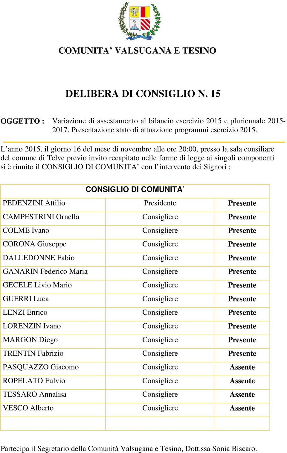 L anno 2015, il giorno 16 del mese di novembre alle ore 20:00, presso la sala consiliare del comune di Telve previo invito recapitato nelle forme di legge ai singoli componenti si è riunito il