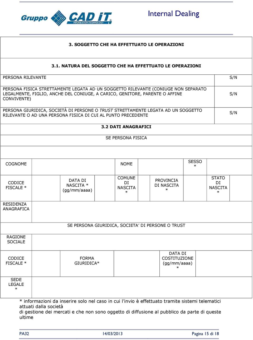 CARICO, GENITORE, PARENTE O AFFINE CONVIVENTE) S/N PERSONA GIURIDICA, SOCIETÀ DI PERSONE O TRUST STRETTAMENTE LEGATA AD UN SOGGETTO RILEVANTE O AD UNA PERSONA FISICA DI CUI AL PUNTO PRECEDENTE S/N 3.