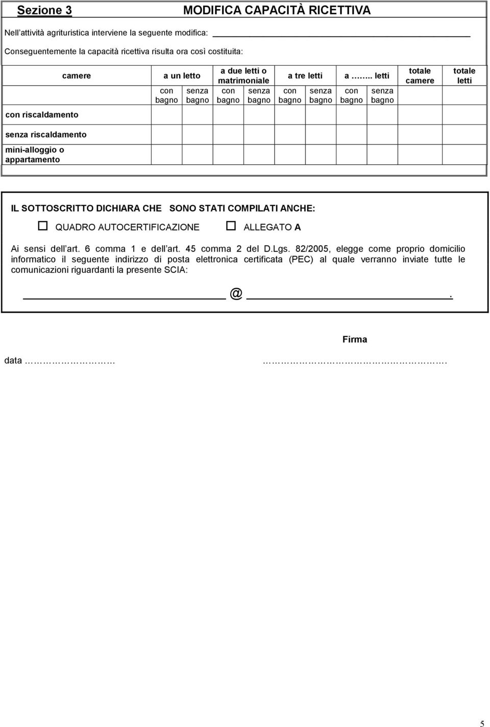 . letti con senza totale camere totale letti con riscaldamento senza riscaldamento mini-alloggio o appartamento IL SOTTOSCRITTO DICHIARA CHE SONO STATI COMPILATI ANCHE: QUADRO