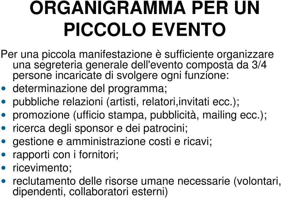 relatori,invitati ecc.); promozione (ufficio stampa, pubblicità, mailing ecc.