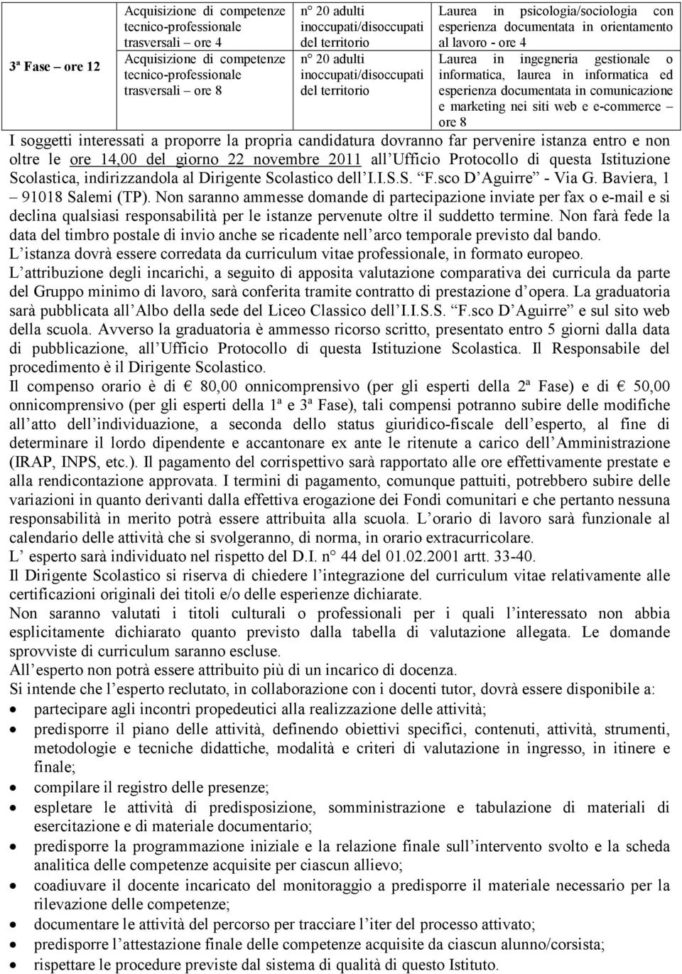 proporre la propria candidatura dovranno far pervenire istanza entro e non oltre le ore 14,00 del giorno 22 novembre 2011 all Ufficio Protocollo di questa Istituzione Scolastica, indirizzandola al