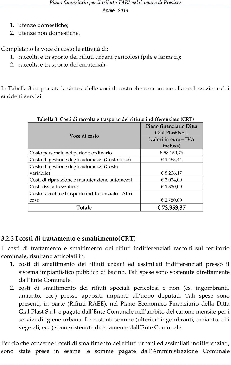 Tabella 3: Costi di raccolta e trasporto del rifiuto indifferenziato (CRT) Piano finanziario Ditta Gial Plast S.r.l. (valori in euro IVA inclusa) Costo personale nel periodo ordinario 58.