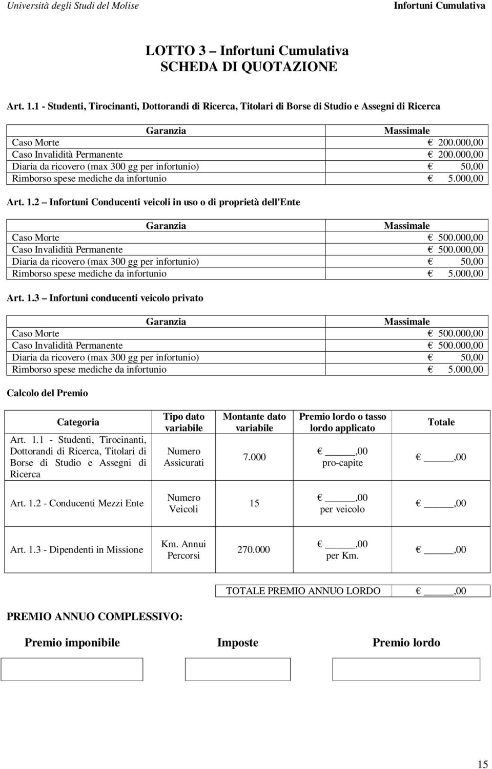 2 Infortuni Conducenti veicoli in uso o di proprietà dell'ente Garanzia Massimale Caso Morte 500.000,00 Caso Invalidità Permanente 500.