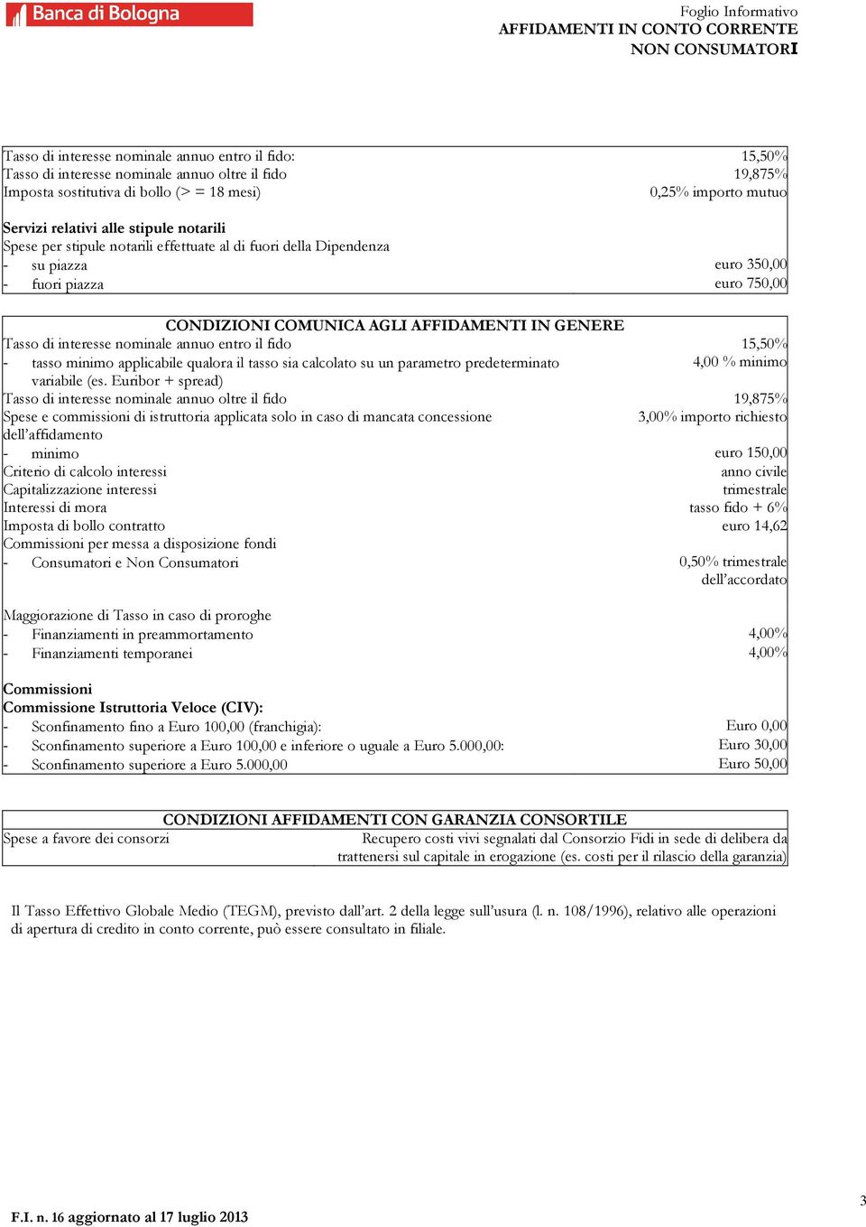 interesse nominale annuo entro il fido 15,50% - tasso minimo applicabile qualora il tasso sia calcolato su un parametro predeterminato 4,00 % minimo variabile (es.