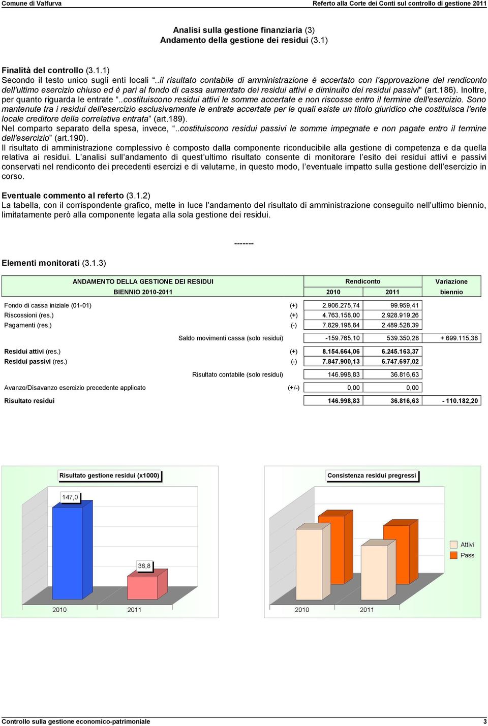 passivi" (art.186). Inoltre, per quanto riguarda le entrate..costituiscono residui attivi le somme accertate e non riscosse entro il termine dell'esercizio.