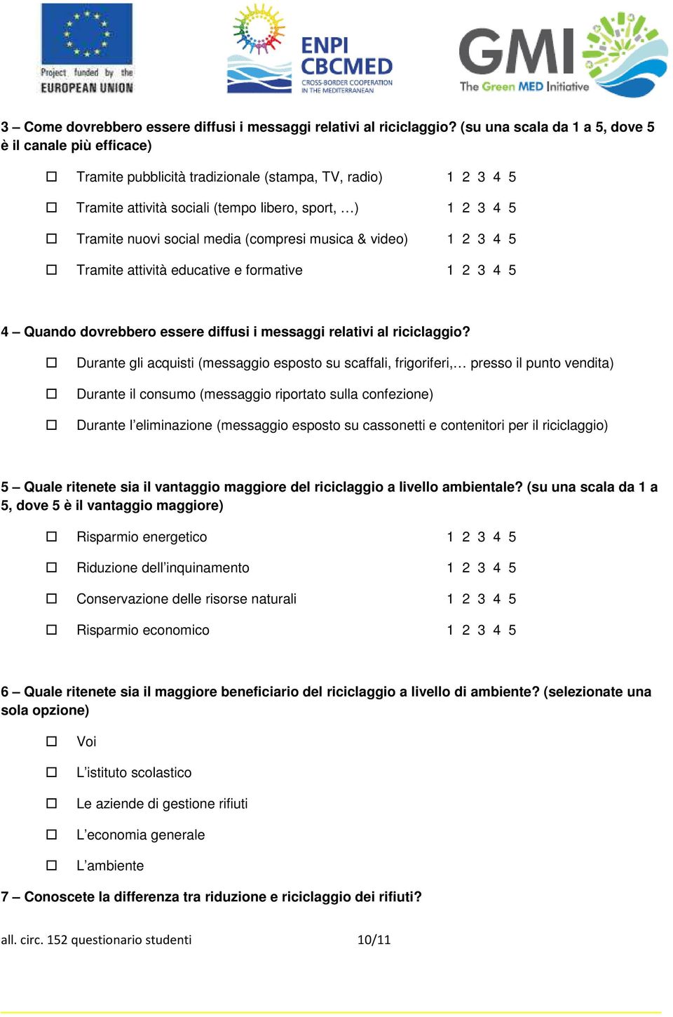 media (compresi musica & video) 1 2 3 4 5 Tramite attività educative e formative 1 2 3 4 5 4 Quando dovrebbero essere diffusi i messaggi relativi al riciclaggio?