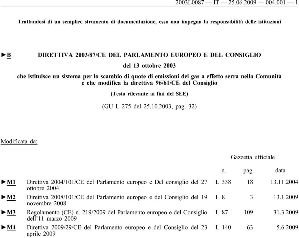 che istituisce un sistema per lo scambio di quote di emissioni dei gas a effetto serra nella Comunità e che modifica la direttiva 96/61/CE del Consiglio (Testo rilevante ai fini del SEE) (GU L 275