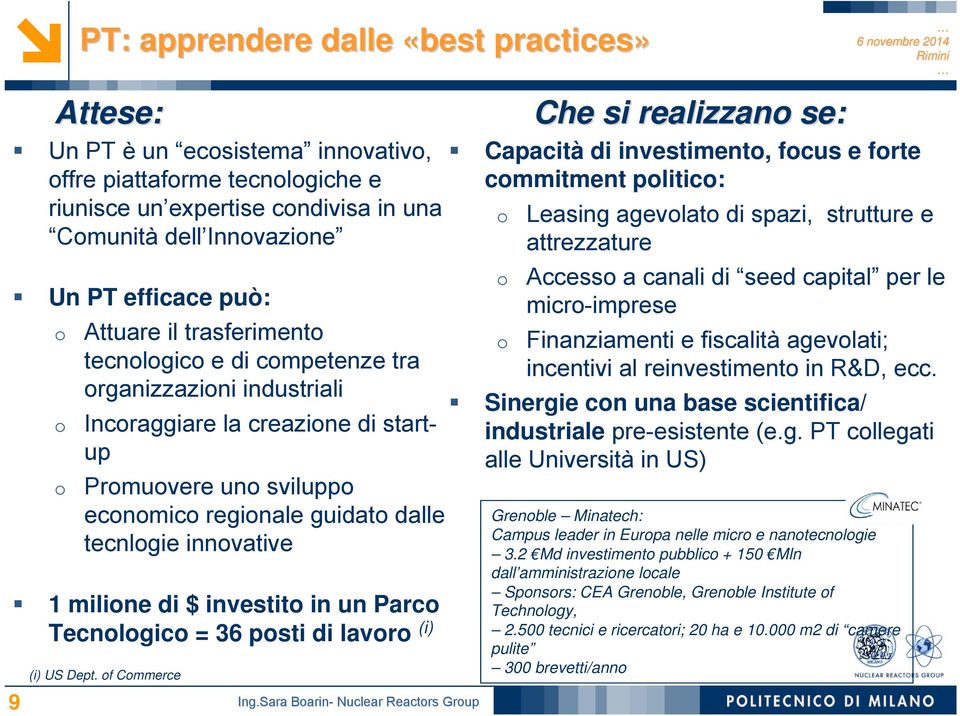 innovative 1 milione di $ investito in un Parco Tecnologico = 36 posti di lavoro (i) (i) US Dept.