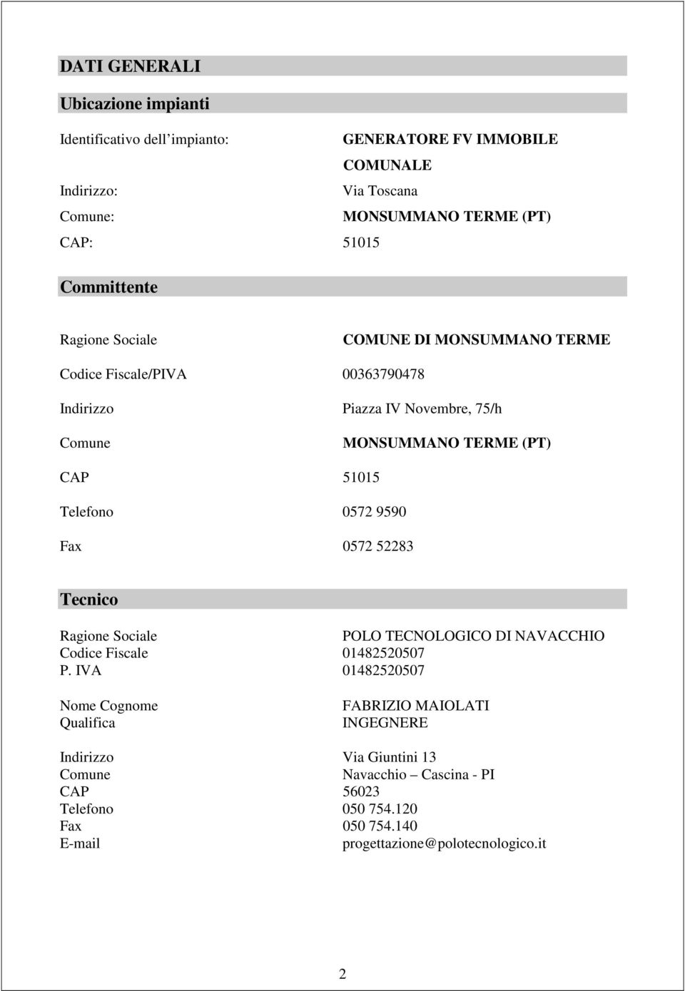 Telefono 0572 9590 Fax 0572 52283 Tecnico Ragione Sociale POLO TECNOLOGICO DI NAVACCHIO Codice Fiscale 01482520507 P.