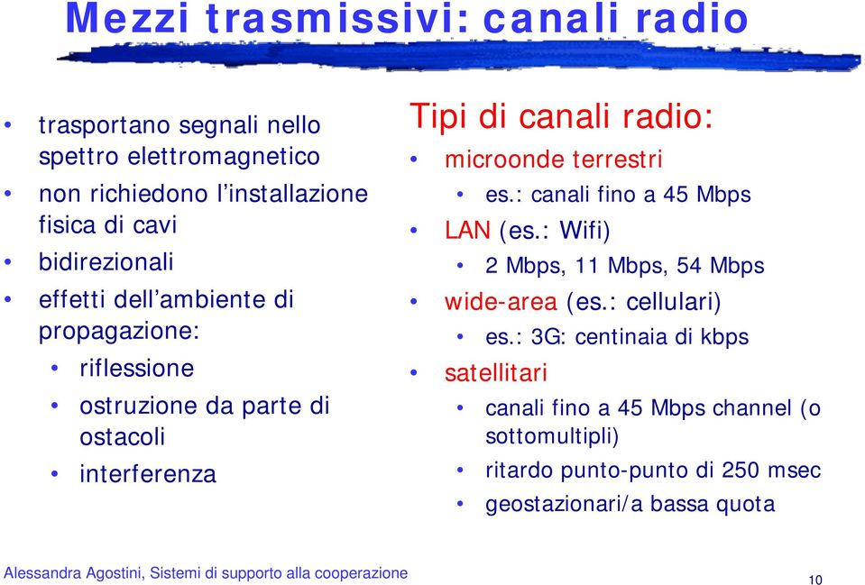 microonde terrestri es.: canali fino a 45 Mbps LAN (es.: Wifi) 2 Mbps, 11 Mbps, 54 Mbps wide-area (es.: cellulari) es.