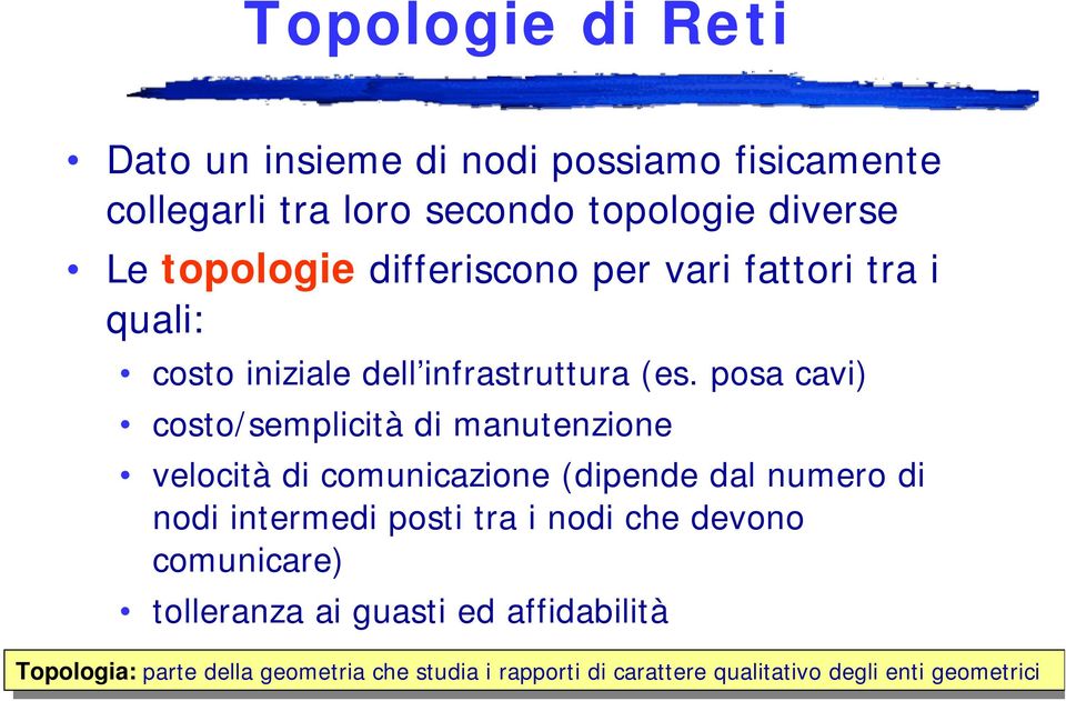 posa cavi) costo/semplicità di manutenzione velocità di comunicazione (dipende dal numero di nodi intermedi posti tra i nodi che devono comunicare) tolleranza ai