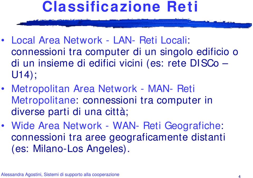 Network - MAN- Reti Metropolitane: connessioni tra computer in diverse parti di una città; Wide