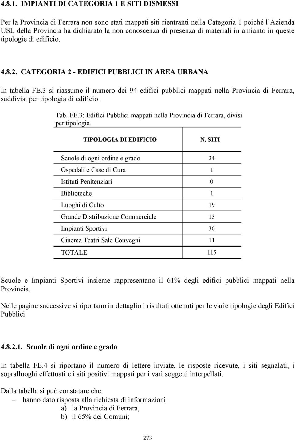 presenza di materiali in amianto in queste tipologie di edificio. 4.8.2. CATEGORIA 2 - EDIFICI PUBBLICI IN AREA URBANA In tabella FE.