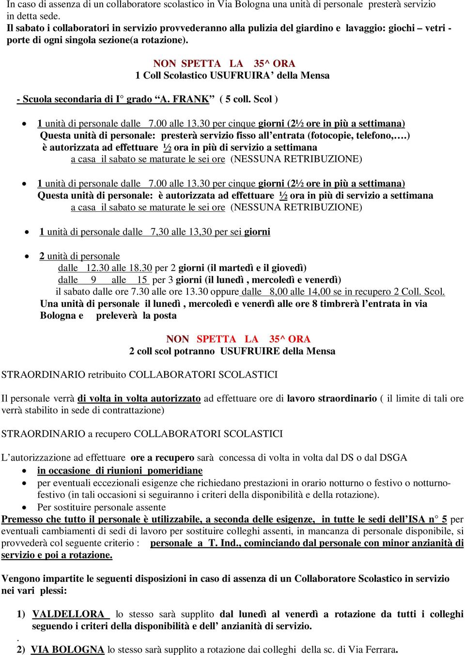 NON SPETTA LA 35^ ORA 1 Coll Scolastico USUFRUIRA della Mensa - Scuola secondaria di I grado A. FRANK ( 5 coll. Scol ) 1 unità di personale dalle 7.00 alle 13.