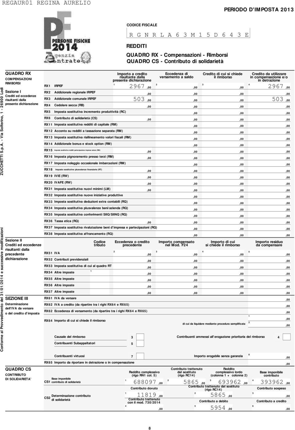 - Via Solferino, - 00 Lodi QUADRO RX COMPENSAZIONI RIMBORSI Crediti ed eccedenze risultanti dalla presente dichiarazione I Crediti ed eccedenze risultanti dalla precedente dichiarazione SEZIONE III