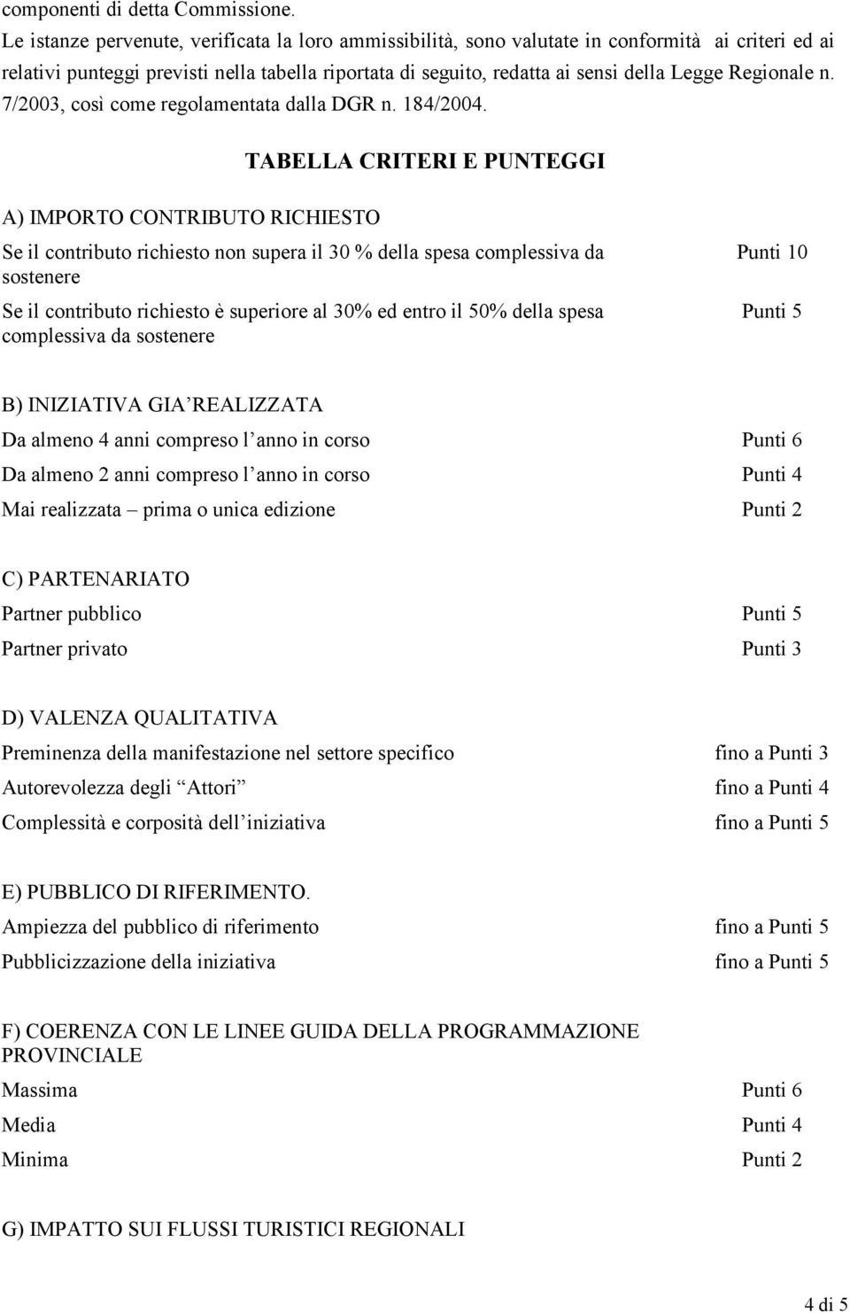 Regionale n. 7/2003, così come regolamentata dalla DGR n. 184/2004.