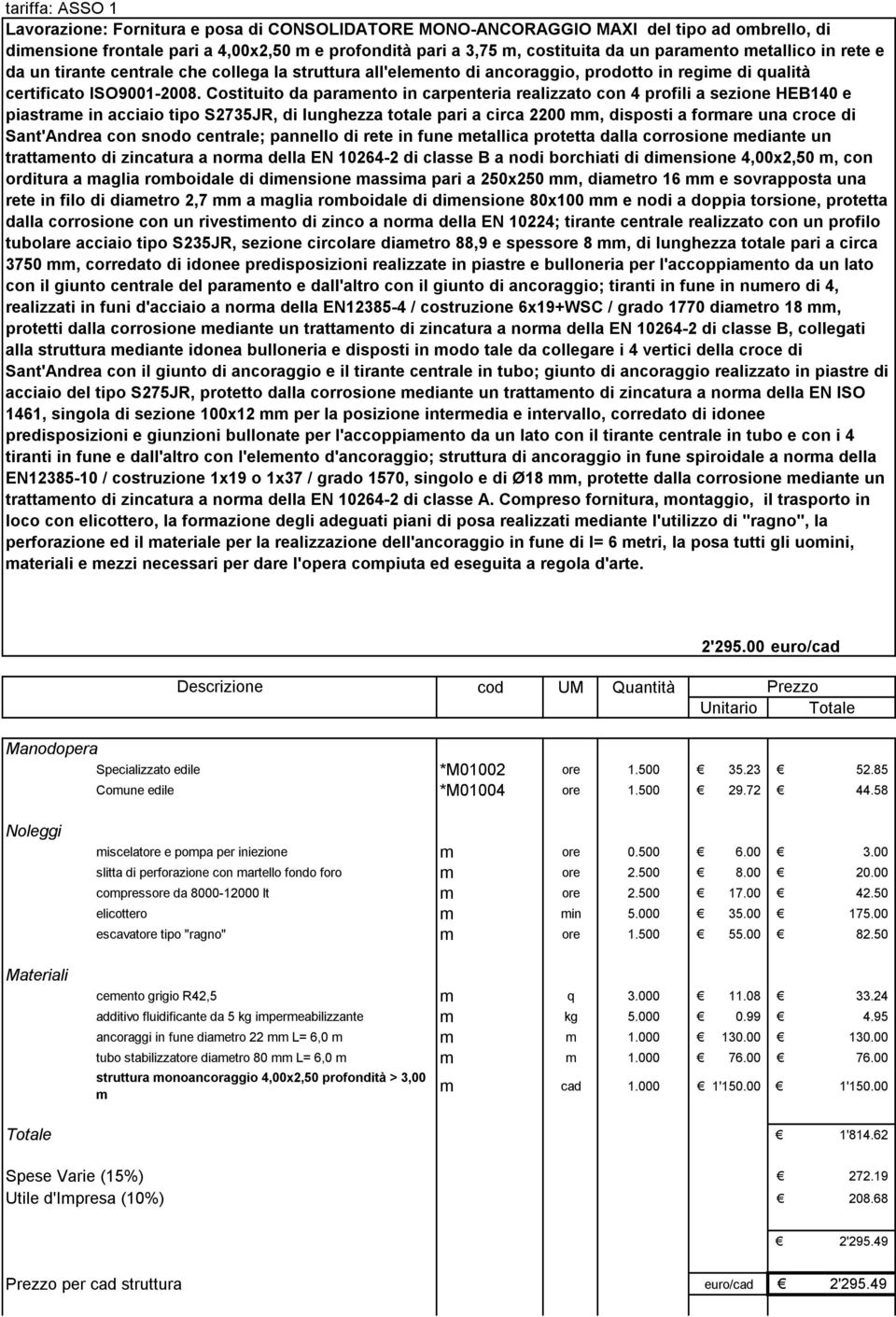 Costituito da paramento in carpenteria realizzato con 4 profili a sezione HEB140 e piastrame in acciaio tipo S2735JR, di lunghezza totale pari a circa 2200 mm, disposti a formare una croce di