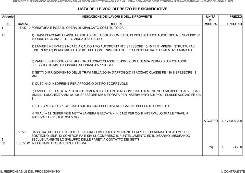 2) LAMIERE NERVATE ZINCATE A CALDO TIPO AUTOPORTANTE SPESSORE 10/10 PER IMPIEGHI STRUTTURALI (UNI EN 10147) IN ACCIAIO FE E 280G, PER CONTENIMENTO GETTO CONGLOMERATO CEMENTIZIO ARMATO.