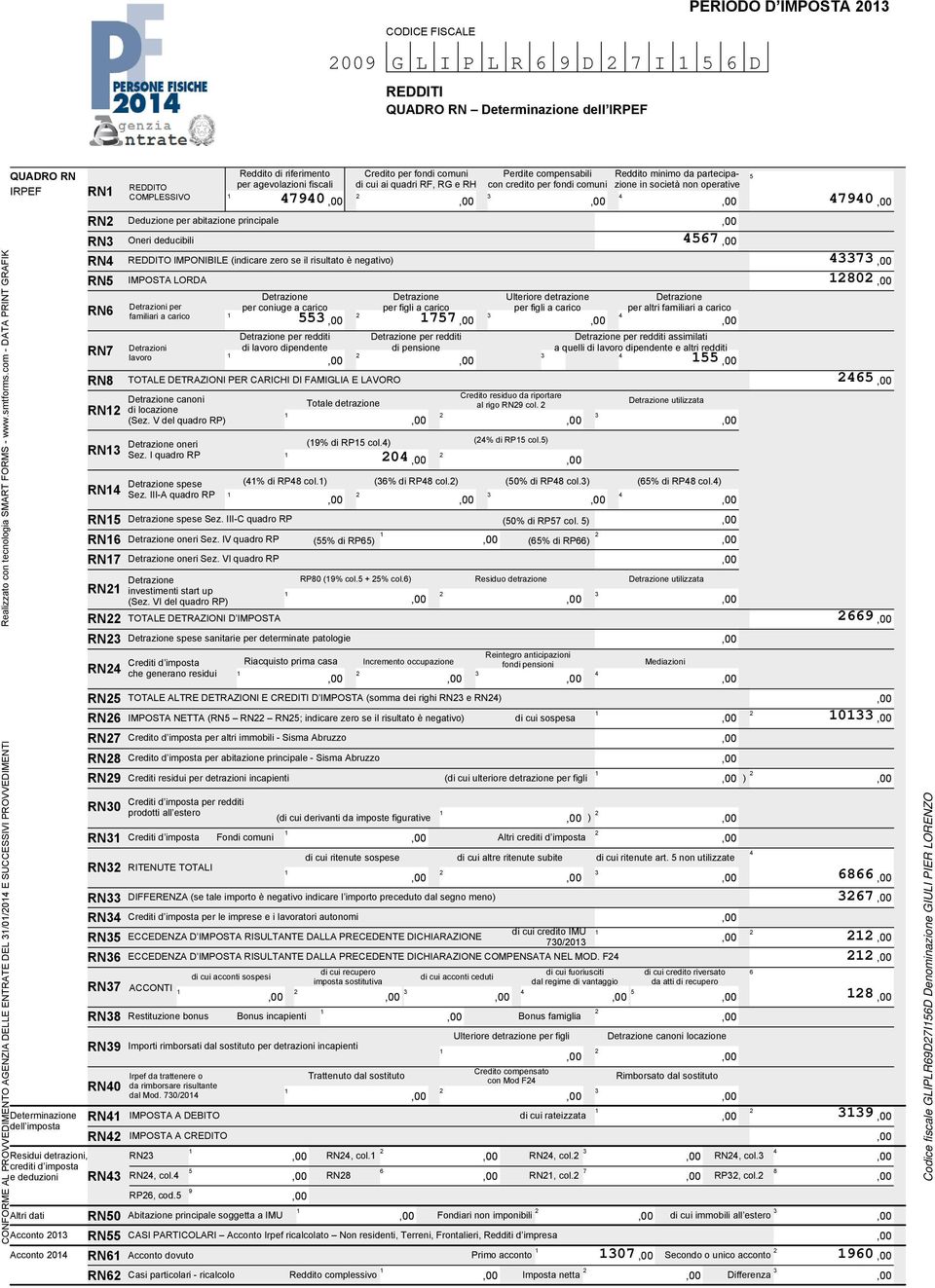 lavoro dipendente per redditi di pensione per redditi assimilati a quelli di lavoro dipendente e altri redditi per altri familiari a carico RN (Sez.