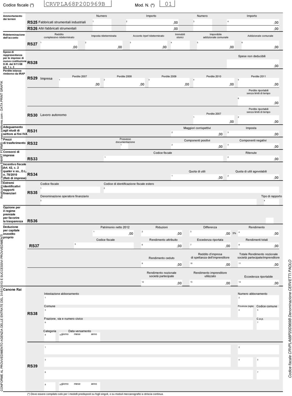 n. 00 (Reti di imprese) Estremi identificativi rapporti finanziari RS abbricati strumentali industriali RS Altri fabbricati strumentali RS RS RS RS0 RS RS RS RS RS fiscale Reddito complessivo