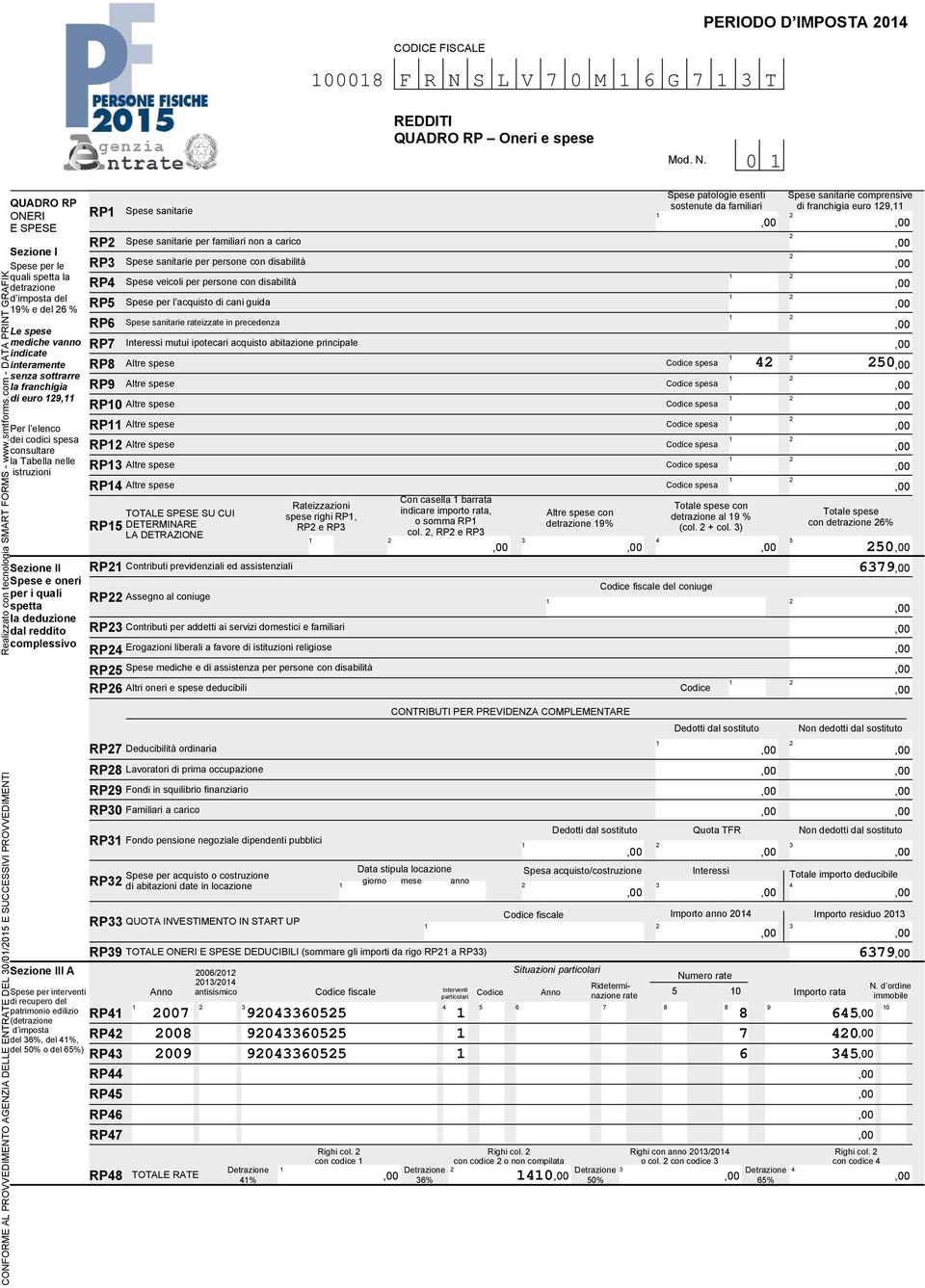 0 QUADRO RP ONERI RP E SPESE RP Sezione I Spese per le RP quali spetta la detrazione RP d imposta del RP 9 e del RP Le spese mediche vanno indicate interamente senza sottrarre la franchigia di euro