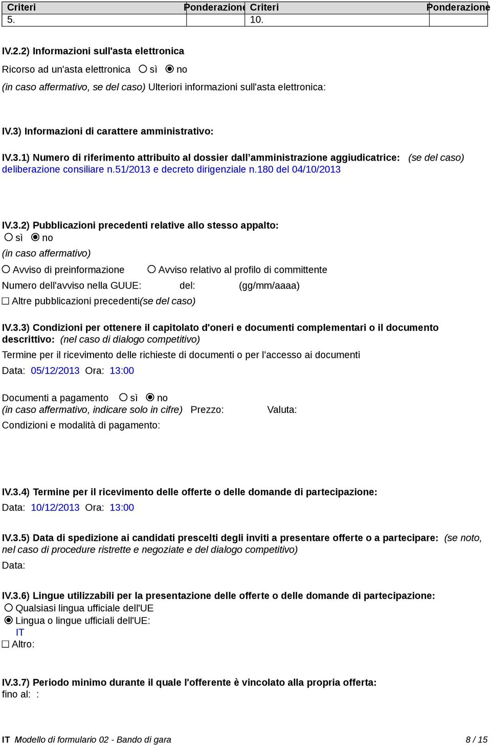 3) Informazioni di carattere amministrativo: IV.3.1) Numero di riferimento attribuito al dossier dall amministrazione aggiudicatrice: (se del caso) deliberazione consiliare n.