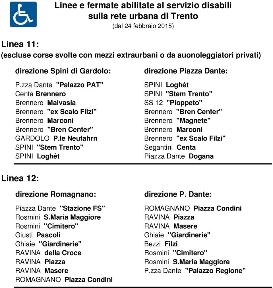 12 "Pioppeto" Brennero "Magnete" Piazza Dante Dogana Linea 12: direzione Romagnano: Ghiaie "Giardinerie" RAVINA della Croce RAVINA