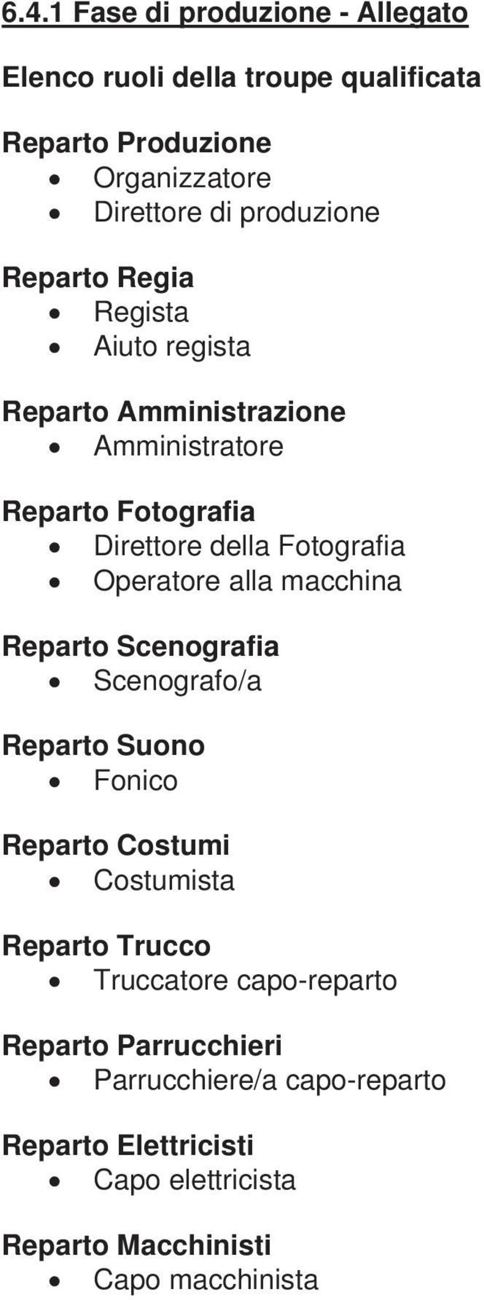 Fotografia Operatore alla macchina Reparto Scenografia Scenografo/a Reparto Suono Fonico Reparto Costumi Costumista Reparto