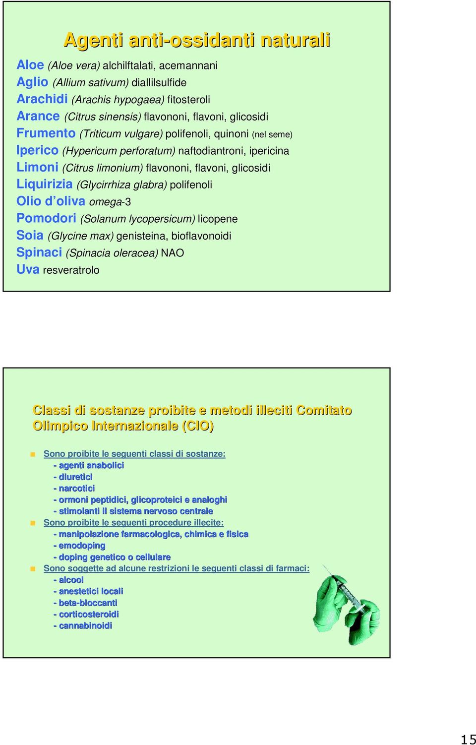 (Glycirrhiza glabra) polifenoli Olio d oliva omega-3 Pomodori (Solanum lycopersicum) licopene Soia (Glycine max) genisteina, bioflavonoidi Spinaci (Spinacia oleracea) NAO Uva resveratrolo Classi di