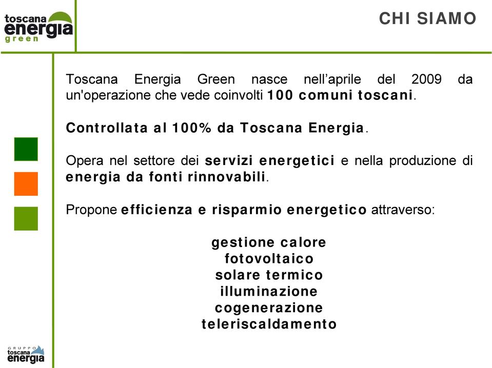 Opera nel settore dei servizi energetici e nella produzione di energia da fonti rinnovabili.