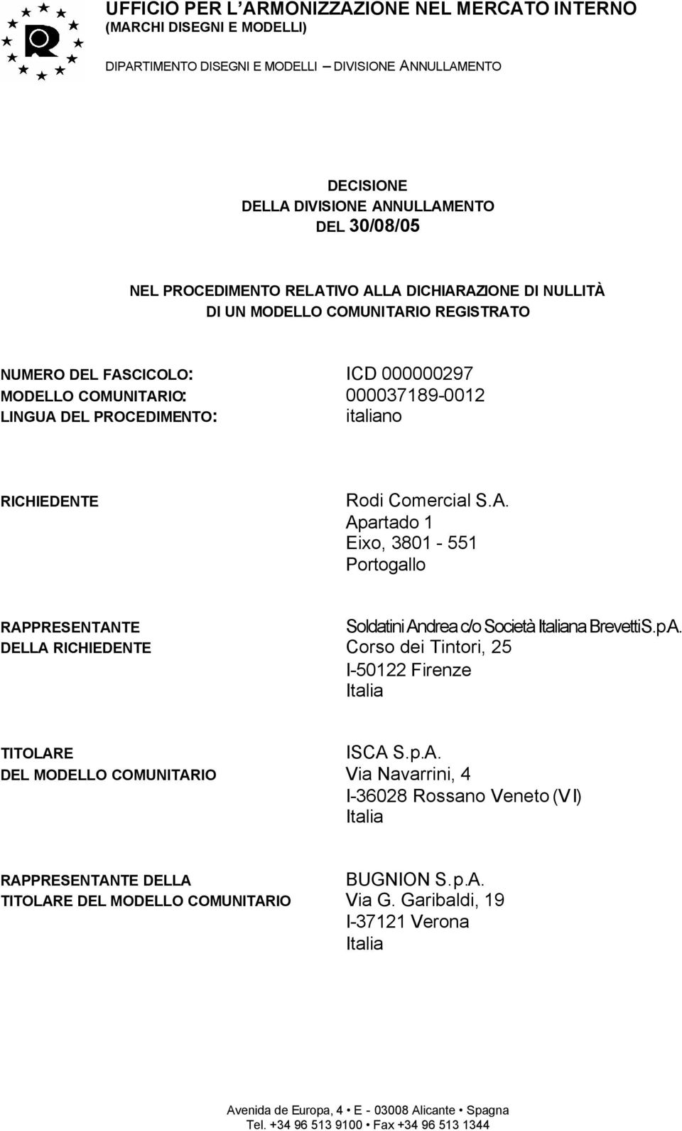 Comercial S.A. Apartado 1 Eixo, 3801-551 Portogallo RAPPRESENTANTE Soldatini Andrea c/o Società Italiana Brevetti S.p.A. DELLA RICHIEDENTE Corso dei Tintori, 25 I-50122 Firenze Italia TITOLARE ISCA S.