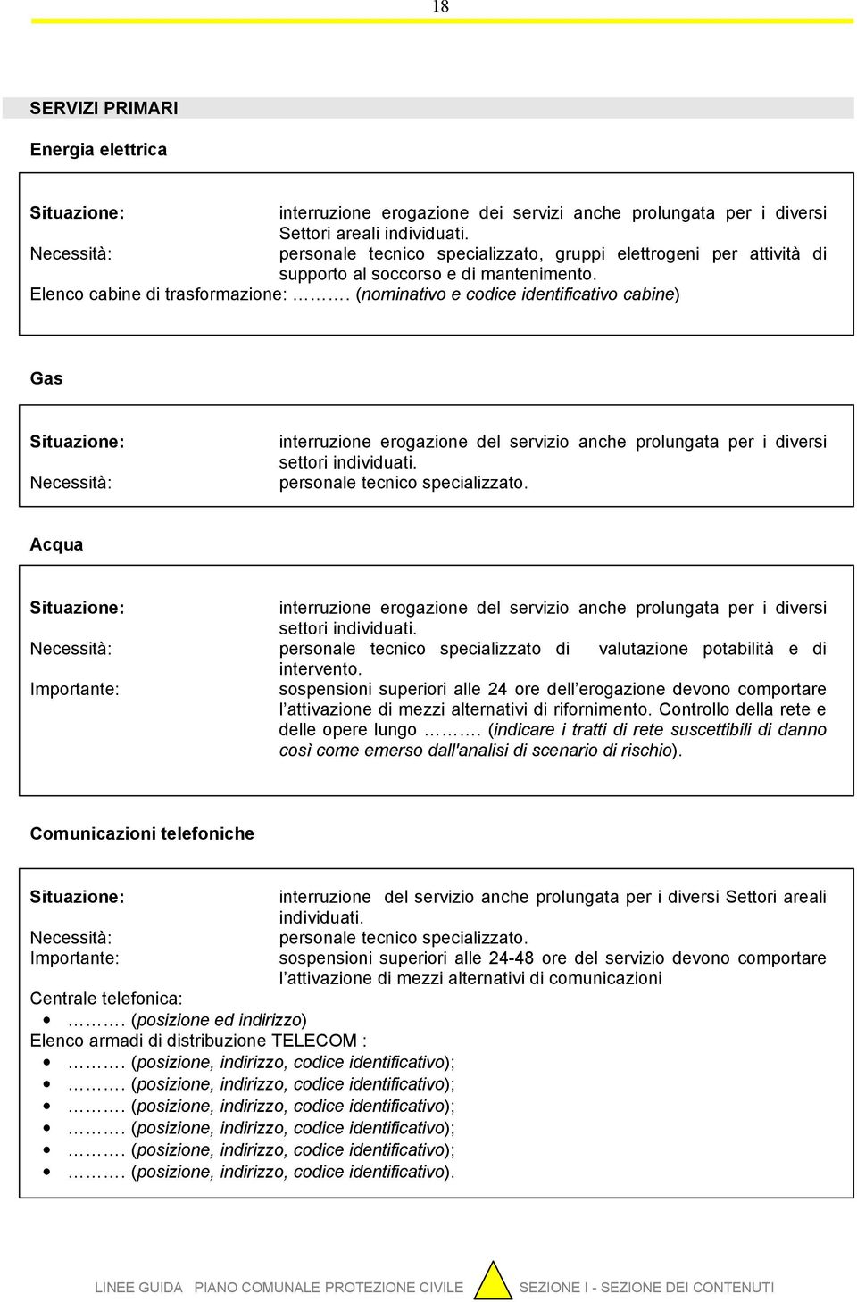 (nominativo e codice identificativo cabine) Gas Situazione: Necessità: interruzione erogazione del servizio anche prolungata per i diversi settori individuati. personale tecnico specializzato.