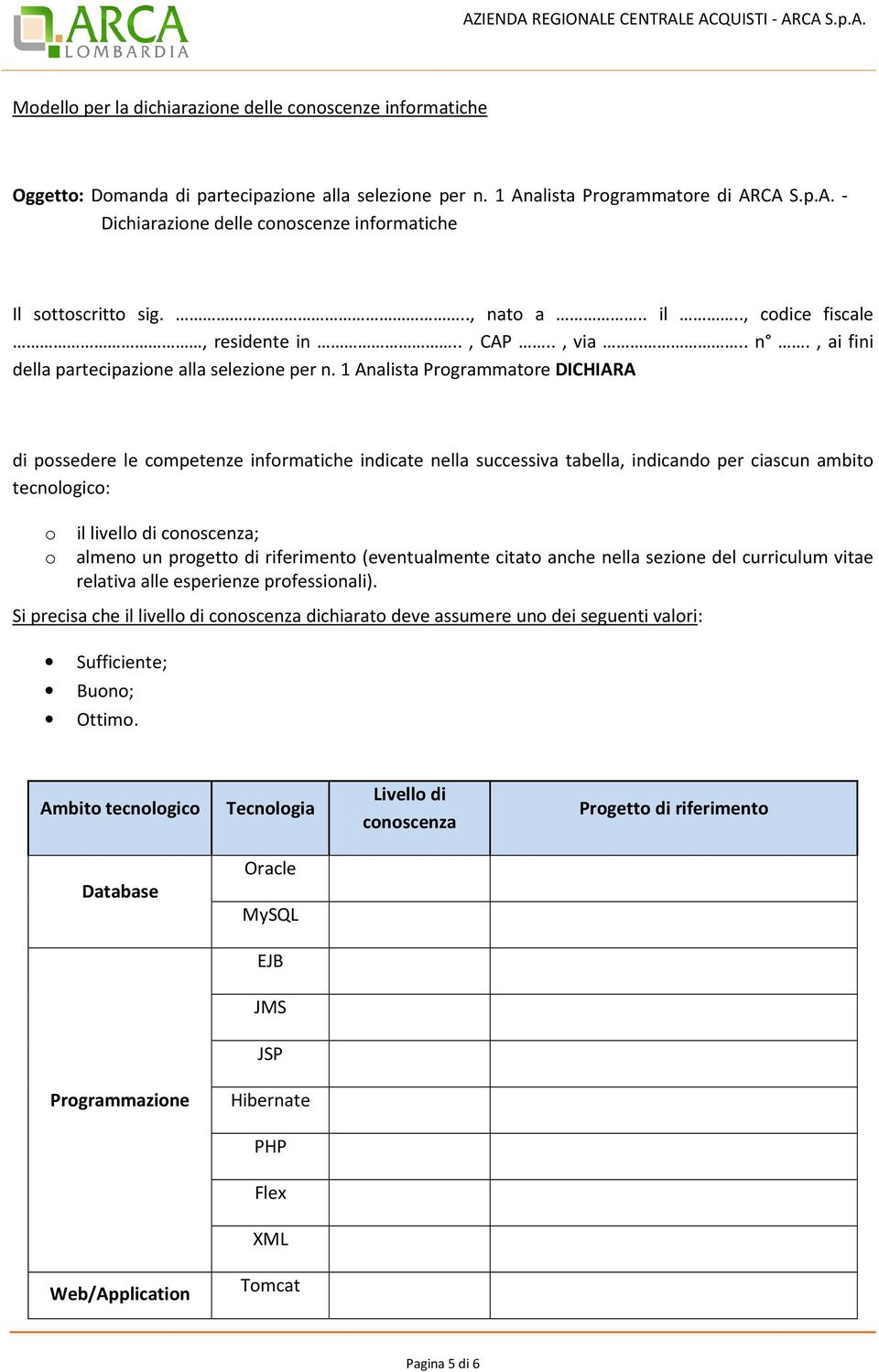 1 Analista Programmatore DICHIARA di possedere le competenze informatiche indicate nella successiva tabella, indicando per ciascun ambito tecnologico: o il livello di conoscenza; o almeno un progetto