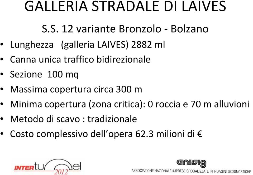 S.S. 12 variante Bronzolo Bolzano Lunghezza (galleria LAIVES) 2882 ml Canna