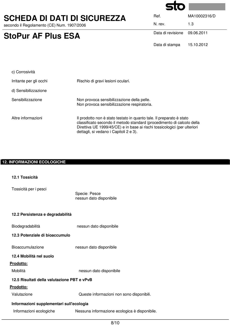 Il preparato è stato classificato secondo il metodo standard (procedimento di calcolo della Direttiva UE 1999/45/CE) e in base ai rischi tossicologici (per ulteriori dettagli, si vedano i Capitoli 2