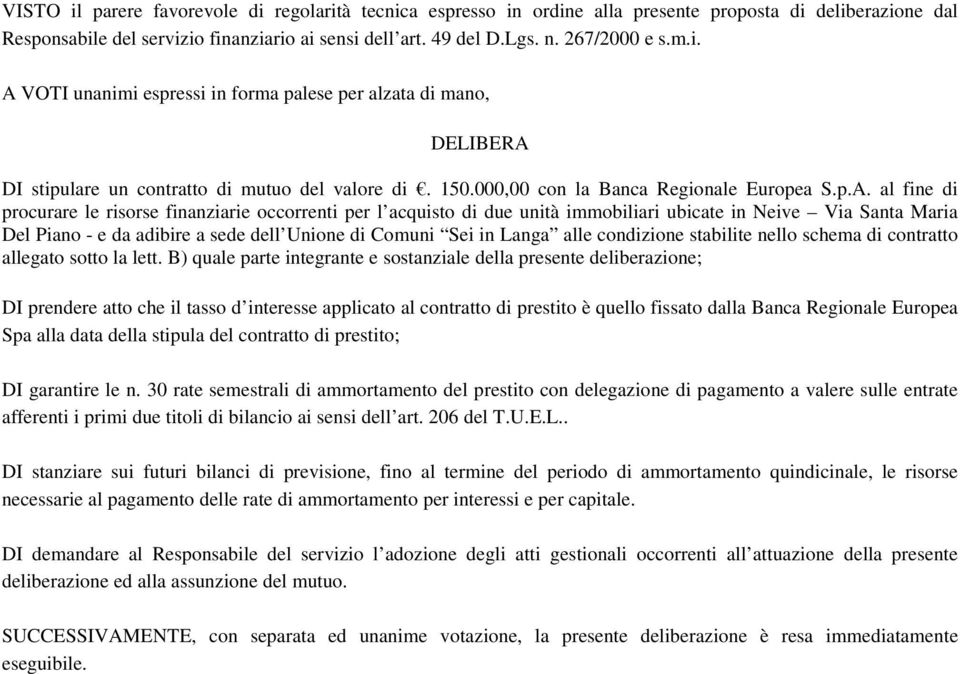 VOTI unanimi espressi in forma palese per alzata di mano, DELIBERA 