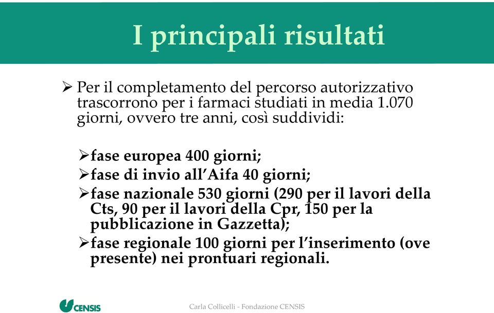 070 giorni, ovvero tre anni, così suddividi: fase europea 400 giorni; fase di invio all Aifa 40 giorni;