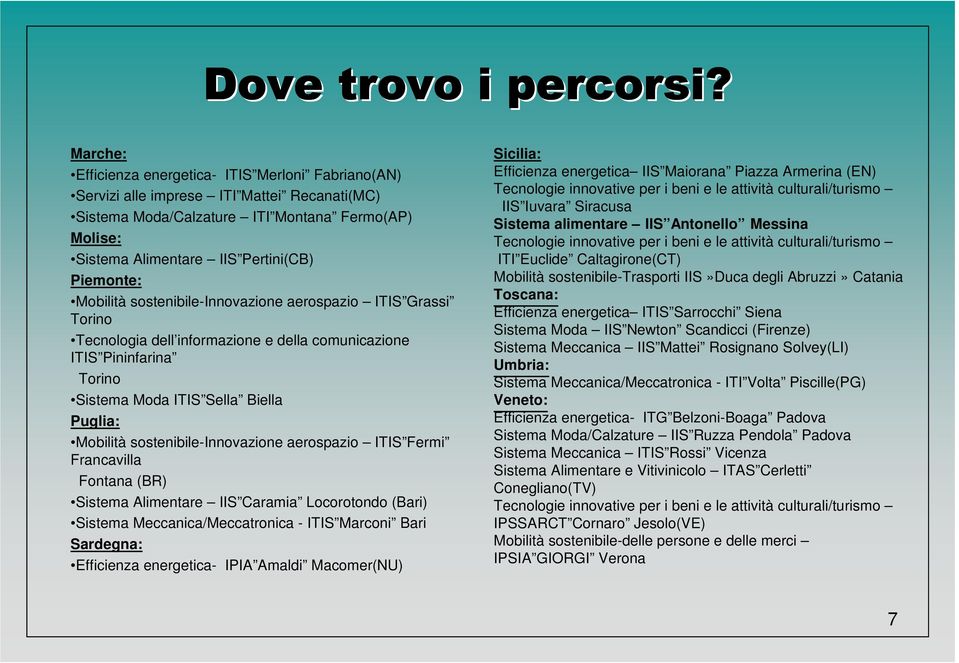 Mobilità sostenibile-innovazione aerospazio ITIS Grassi Torino Tecnologia dell informazione e della comunicazione ITIS Pininfarina Torino Sistema Moda ITIS Sella Biella Puglia: Mobilità