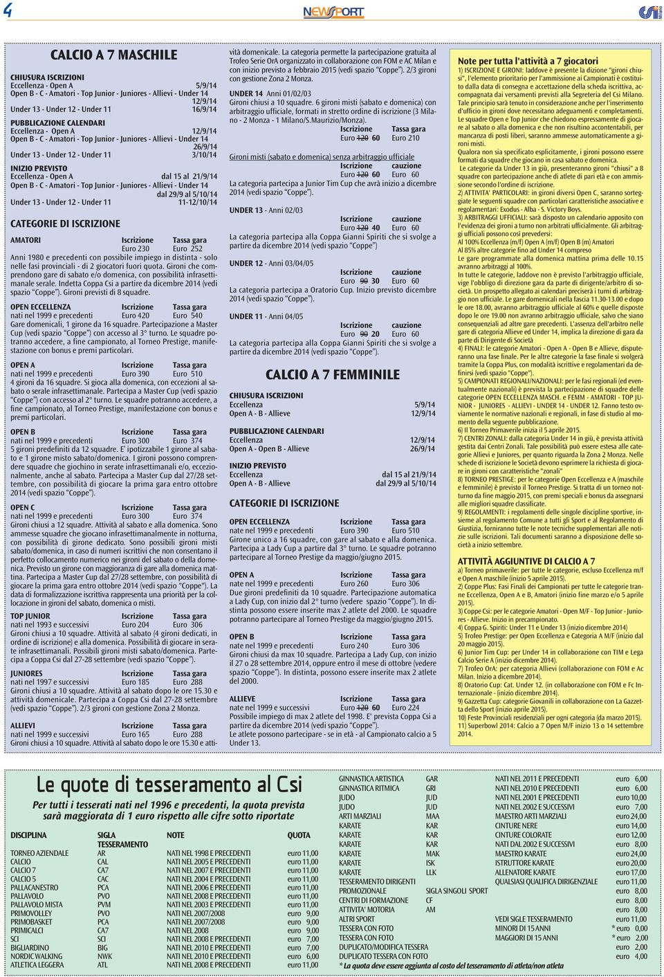 Under 14 dal 29/9 al 5/10/14 Under 13 - Under 12 - Under 11 11-12/10/14 AMATORI Iscrizione Tassa gara Euro 230 Euro 252 Anni 1980 e precedenti con possibile impiego in distinta - solo nelle fasi