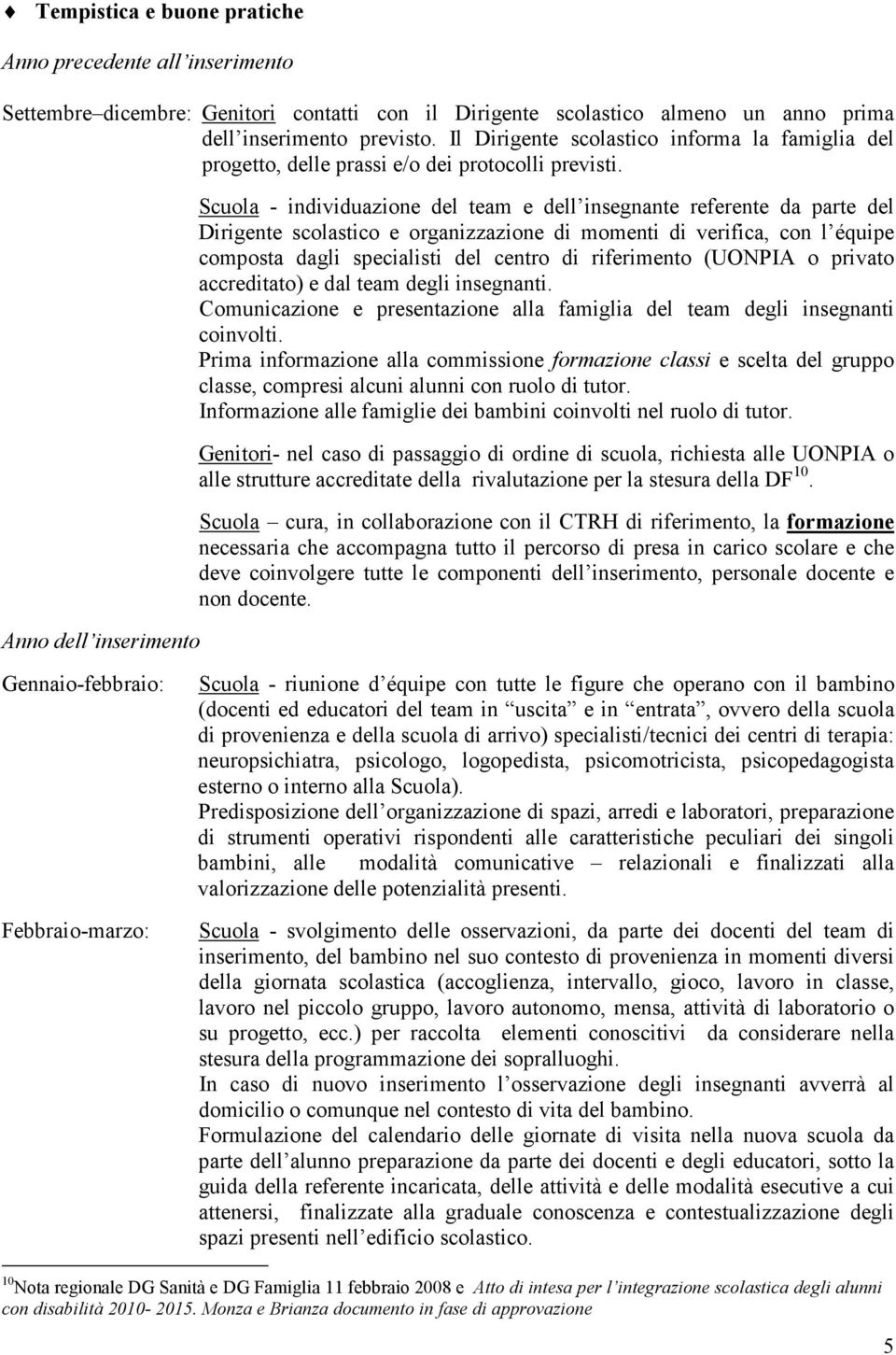 Anno dell inserimento Scuola - individuazione del team e dell insegnante referente da parte del Dirigente scolastico e organizzazione di momenti di verifica, con l équipe composta dagli specialisti