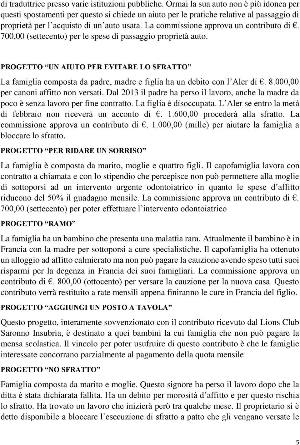 La commissione approva un contributo di. 700,00 (settecento) per le spese di passaggio proprietà auto.