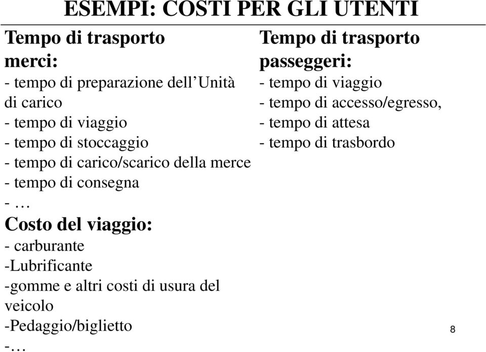 viaggio: - carburante -Lubrificante -gomme e altri costi di usura del veicolo -Pedaggio/biglietto - Tempo