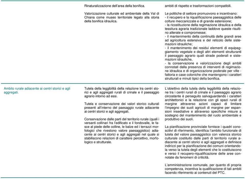 Le politiche di settore promuovono e incentivano: - il recupero e la riqualificazione paesaggistica delle colture meccanizzate e di grande estensione; - la ricostituzione della regimazione idraulica