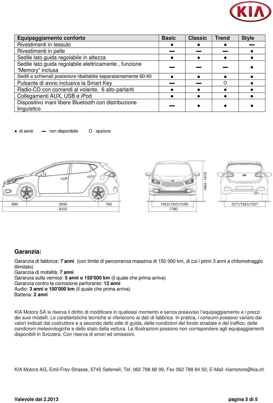 Dispositivo mani libere Bluetooth con distribuzione linguistico di serie non disponibile O opzione Garanzia: Garanzia di fabbrica: 7 anni (con limite di percorrenza massima di 150 000 km, di cui i