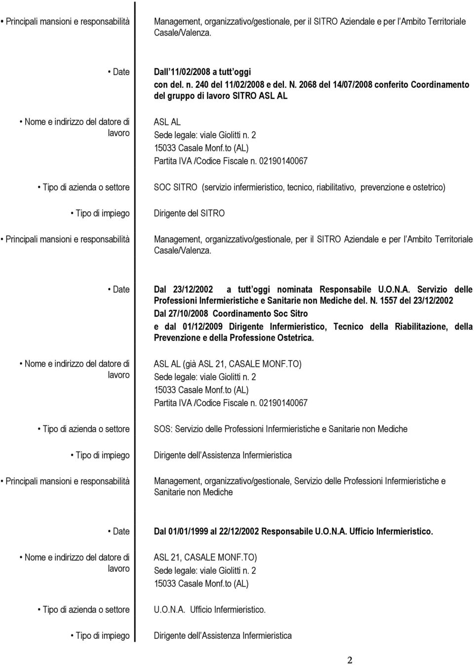 02190140067 SOC SITRO (servizio infermieristico, tecnico, riabilitativo, prevenzione e ostetrico) Dirigente del SITRO Management, organizzativo/gestionale, per il SITRO Aziendale e per l Ambito